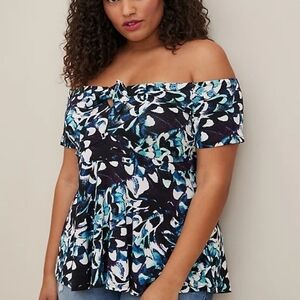 Torrid Babydoll Super Soft Tie-Front Off Shoulder Top Blue Floral - Size 4